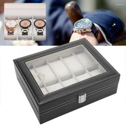 Watch Boxes Portable PU Leather Flannel Lining Glass Cover Bag 10 Slots Jewellery Display Case Storage Holder