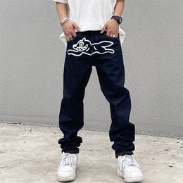 Mens Jeans High Street Jeans Men Flying Dog Print Straight Loose Casual Denim Pant Vintage Harajuku Washed Trousers Hip Hop Streetwear Male 221008