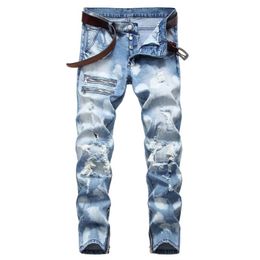 Men's Jeans High Quality Light Blue Men's Ripped Jeans Trendy Stretch Slim Denim Pants Versatile Male Fashion Zipper Button Elastic Jeans 221008