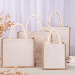 Reusable Burlap Jute Tote Shopping Bag with Sturdy Handle Women Casual Large Capacity Travel Beach Storage Organiser Handbag