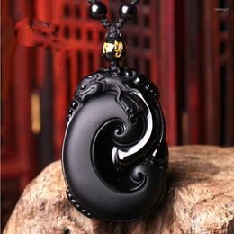 Pendant Necklaces High Quality Natural Obsidian Stone Necklace Hand-Carved China Ruyi Good Lucky For Men Women Jewellery