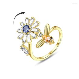 Cluster Rings Bohemian Daisy Bee Anxiety Ring For Women Teens Adjustable Spinner Fidget Real 18K Gold Plated Copper Zircon Wedding Party