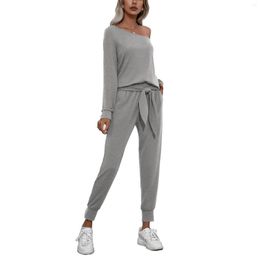 Women's Two Piece Pants Hirigin 2Pcs Women Tracksuits Solid Color Sloping Shoulder Strapless Long Sleeves Tops With Tied Elastic Waist