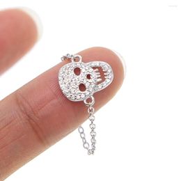 Cluster Rings 925 Sterling Silver Minimalist Jewelry Skeleton Skull White CZ Paved Delicate Girl Women Chain Link Charm Ring
