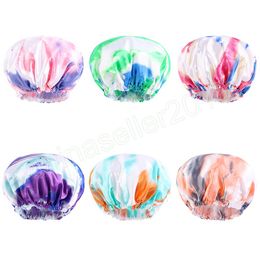 Waterproof Tie-dye Shower Cap Women Double Layer Bonnet Bathroom Products With Elastic Band Hair Protect Beauty Cap