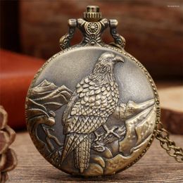 Pocket Watches Vintage Old Eagle Display Quartz Watch Bronze Necklace Chain Exquisite Clock Gift Men Women Drop
