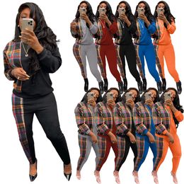 Plaid Two Piece Pants Casual Outfits Sport Tracksuits Women Fashion Pullover and Sweatpants Set Free Ship
