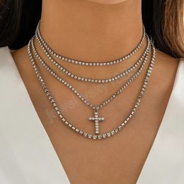 Creative Silver Colour Cross Pendant Rhinestone Pendant Necklace for Women Multilayer Clear Crystal Chain Jewellery Gift