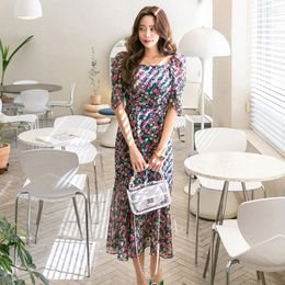 Casual Dresses Summer Chiffon Floral Ladies Dress 2022 Slim Mid Length Mermaid Women Vestidos Korean Clothing