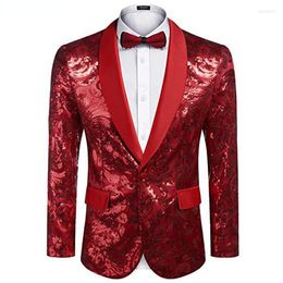 Men's Suits Shiny Red Floral Sequin Tuxedo Blazer Jacket Men Shawl Collar One Button Christmas Party Prom Dinner Nightclub Costume Homme