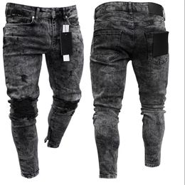 Мужские джинсы байкер расстроенный растягиваемые мужчины Хип -хоп -стройные отверстия панк -молния Puce Color Denim брюки 221008