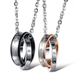 Pendant Necklaces Men Women's 2 PCS Stainless Steel Necklace CZ Silver Gold Tone Black Love Couple -With 20 And 23 Inch Chain