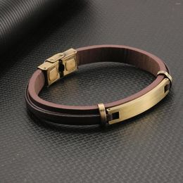 Charm Bracelets Retro Brushed Stainless Steel Bracelet Men And Women Brown Leather Wristband Vintage Gold Fashion Jewellery Accessories