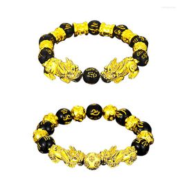 Strand Women Men Lucky Bracelet Black Obsidian Alloy Wealth Bangle Beaded Jewellery