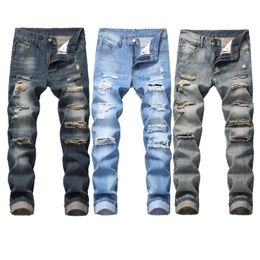Men's Jeans Slimfit Denim Pants Men's Trousers Nostalgic Torn Brand Ripped Jeans Fashion Straight Men Hip Hop Beggars Male Hole Light Blue 221008