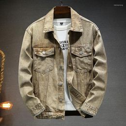 Men's Jackets 3 Color Men's Khaki Denim Jacket Autumn Casual Simple Fashion Baggy Retro Jean Coat Male Clothing Outdoor Outerwear