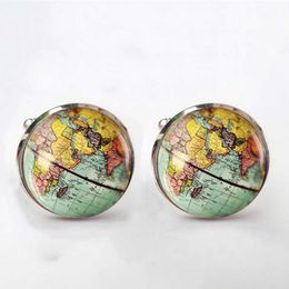 Vintage Earth World Map Cufflinks Globe Planet Art Photo Crystal Glass Dome Shirt Cuff Links for Men Jewelry Accessories