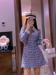 Women's turn down collar rhinestone jumpsuit blue tweed Woollen long sleeve rompers shorts bodysuit SMLXL