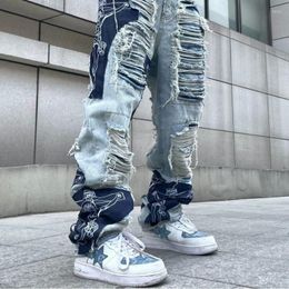 Women's Jeans High Street Knife Cut Damage Patch Cloth Hole Splice Men And Women Hip Hop Straight Leg Baggy Y2k Pants