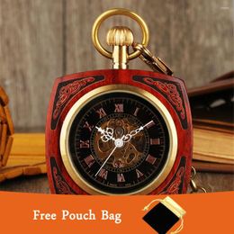 Pocket Watches Square Engraved Real Wood Mechanical Watch Hand Winding Golden Punk Chain Vintage Pendant Clock With Black Pouch Bag