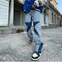 Mens Jeans Harajuku Stars Letter Embroidery Patchwork Straight Flare Jeans Pants Mens Retro Ripped Oversized Casual Denim Trousers 221008