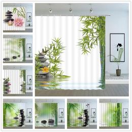 Shower Curtains Green Bamboo Spring Plant Flower Butterfly Scenery Bathroom Decor Polyester Home Cloth Hanging Curtain Sets