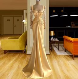 Amazing Yellow Mermaid Prom Dresses Lace Appliques Square Collars Evening Dress Custom Made Pleats Women Formal Celebrity Party Gown wly935
