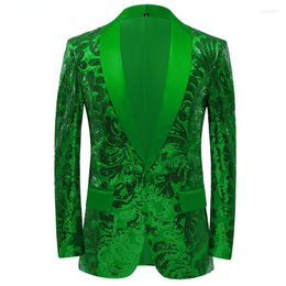 Men's Suits Mens Shiny Green Sequins Blazer 2022 Stylsih Shawl Collar One Button Tuxedo Floral Suit Jacket Party Wedding Groom Costume Homme