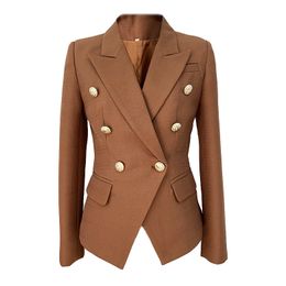 Women's Suits Blazers Brown Women's Blazer Metal Gold Lion Button Doublebreasted Slimfit Cotton Linen Office Ladies Blazer Suit Women High Qaulity 221008