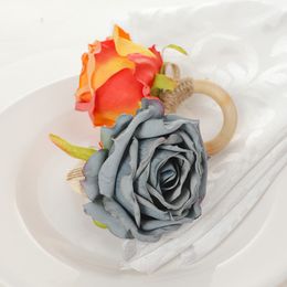 Silk Flower Napkin Rings Wedding Decorations Serviette Buckle Towel Holder Wooden Ring Hotel Table Dinner D8310