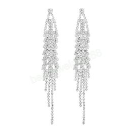 Shiny AB Color Rhinestone Tassel Long Drop Dangle Earrings For Women Wedding Crystal Statement Earrings Jewelry Fashion