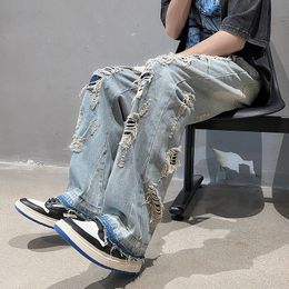 Men's Jeans High Street Streetwear Destroyed Ripped Jeans Homme Hip Hop Destroyed Tattered Biker Denim Jeans Hole Loose Wide Leg pants 221008