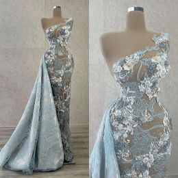 Dusty Blue Mermaid Prom Dresses with Detachable Train 2023 Lace Floral One Shoulder Aso Ebi Arabic Evening Gown vestidos de novia