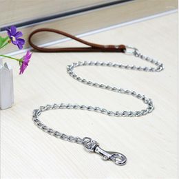 Dog Collars Chain Lead Iron Pet Accessories Durable Anti-bite Metal For Small Medium Large Leash Handle Leads PU Leather