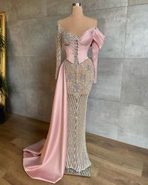 Graceful Pink Mermaid Prom Dresses Appliques Beaded Crystals Evening Dress Custom Made Long Sleeves Floor Length Party Gown wly935