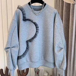 Women's Hoodies Loose Patchwork Crew Puff Long Sleeve Black Mesh Grey Sweatshirt Women Pullovers Casual Autumn 2022 Lady Tops