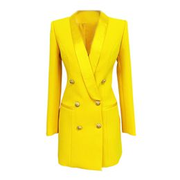 Women's Suits Blazers Long Blazer Dress Yellow Spring Jacket Women Double Breasted Gold Button Satin Collar Women Blazer Suit High Quality 221008