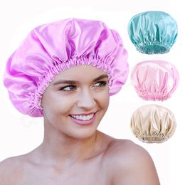 Double-layer Waterproof Shower Cap Bath Hat Solid Color Reusable Cap Women Bathing Accessory Hair Salon Caps