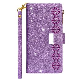 Wallet Phone Cases for Samsung Galaxy S22 S21 S20 Note20 Ultra Note10 Plus - Starry Laser Shiny Glitter PU Leather Flip Kickstand Cover Case with Zipper Coin Purse