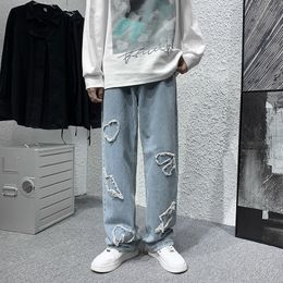 Men's Jeans High Street Love Embroidery Retro Vibe Fringe Jeans Pants Men and Women Straight Oversize Straight Casual Baggy Denim Trousers 221008