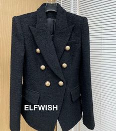 Women's Suits Top Quality Black White Tweed Blazer Long Sleeves Double Breasted Gold Buttoned Suit Woman 2022 Autumn Office LADY Coat