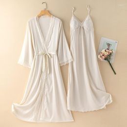 Women's Sleepwear Women's Spring Summer Satin Robe Sets Gown Sexy V-Neck Women Long Camisole Nightgown Lace Sweet Home Dress With Bra