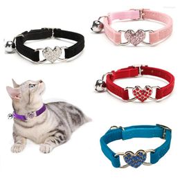 Dog Collars Rhinestone Heart Charm Bell Cat Collar Safety Adjustable With Soft Velvet Material 8 Colours Pet Product Small