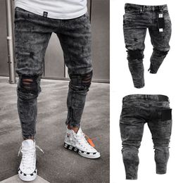 Men's Jeans Hip Hop Black Moto Biker Skinny Pure Color Elastic Denim Jeans Mens Knee Ripped Jeans Pants Male Casual Jogging Pencil Pants 221008