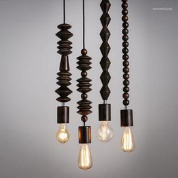 Pendant Lamps Retro Style Oak Wood Lamp Vintage 100cm Cord Geometric Beads String Droplight Indoor Light Fixture