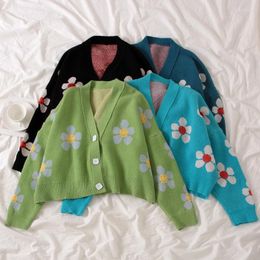 Women's Knits Autumn College Cardigans Sweater Women Loose V Neck Flower Cardigan Green Female Short Top Cute Casual Coat Thicked