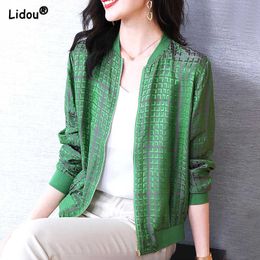 Women's Jackets Fashion Plaid Silk Baseball Short Jacket Green Glossy Finish Streetwear Women's Clothing O-Neck Loose Spring Summer Zipper Trend T221008