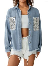 Women's Jackets Denim Jacket For Women Distressed Long Sleeve Button Down Fashion Boyfriend Y2K Coat With Sequin Pockets