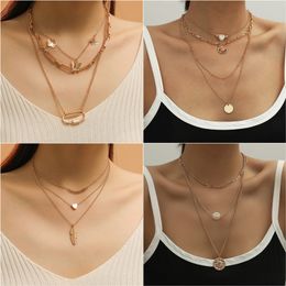Vintage Multi-layer Sparkling Chain Choker Necklace For Women Gold Color Necklaces Fashion Thin Chain Pendant Jewelry Gift