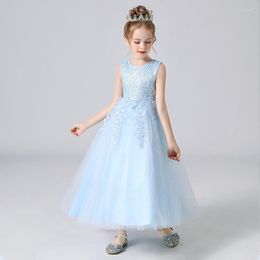 Girl Dresses 4-14 Years Old Girls Sky Blue Pink Princess Dress Summer Wedding Ball Gown Mesh Sleeveless Lace Formal For